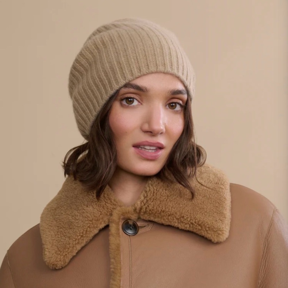 Jenni Kayne Cashmere Ribbed Beanie in caramel